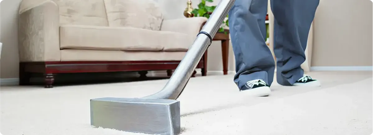 Carpet cleaning technician using a hot-water extraction wand on a light-colored carpet in a living room, Cincinnati, OH.